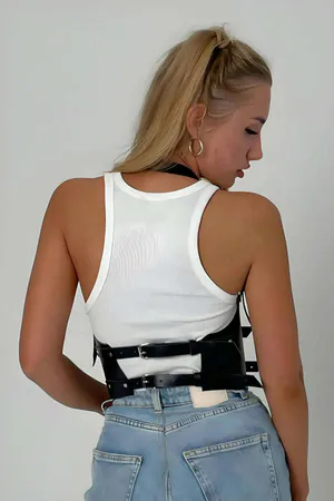 Black Faux Leather Chest Harness Three Silver Buckles Adjustable Straps