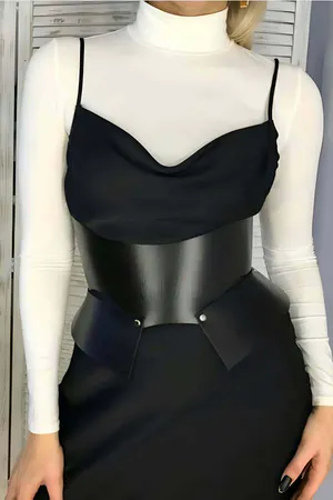 Black Faux Leather Waspie Waist Harness Belt Women Sculpted Hip Flares