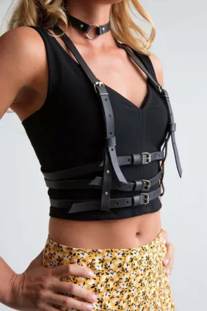 Black Faux Leather Body Harness Women Adjustable Multi-Strap Design with O-Ring Choker