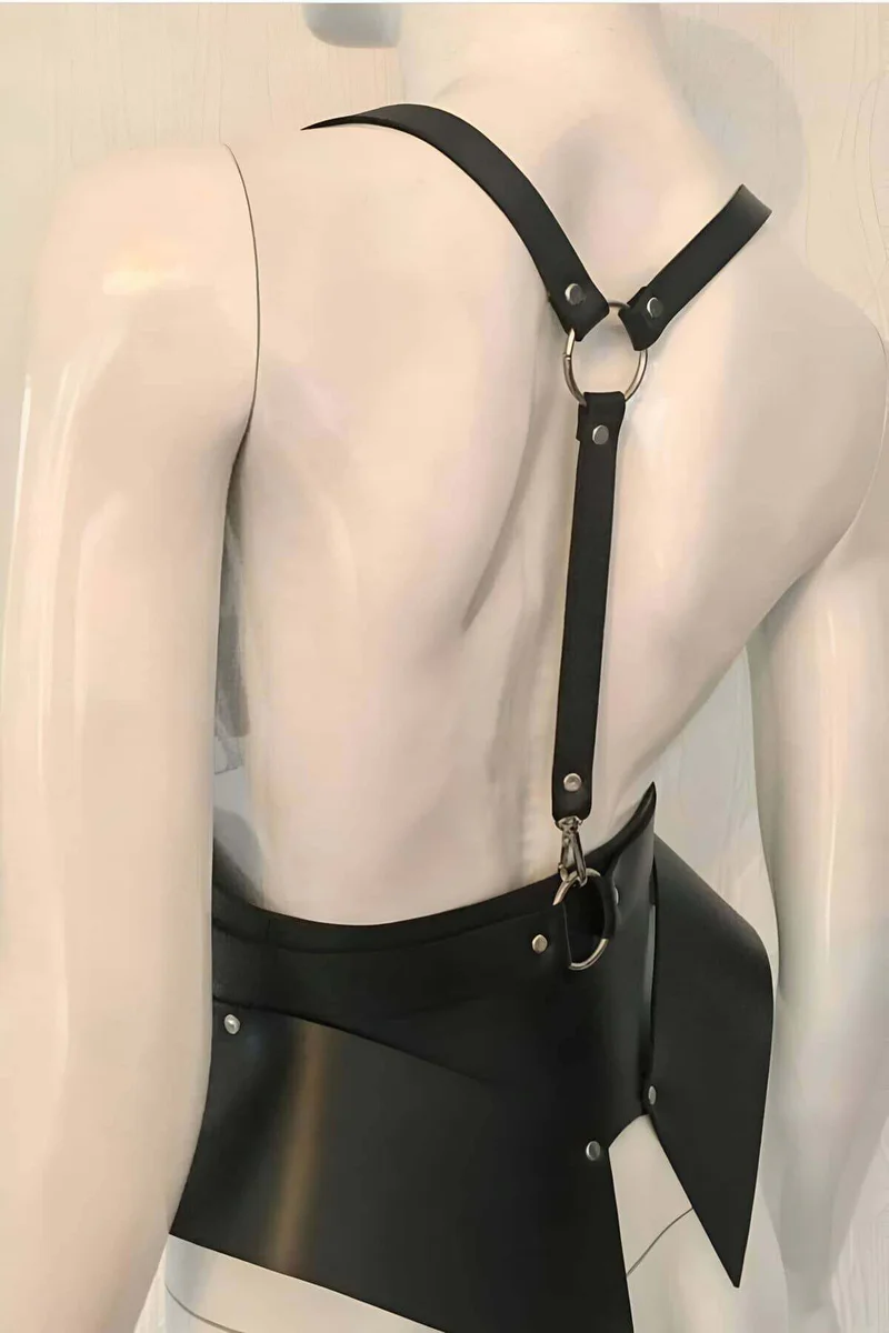 Faux Leather Body Harness Black Side View Sculpted Panels Rivet Detail