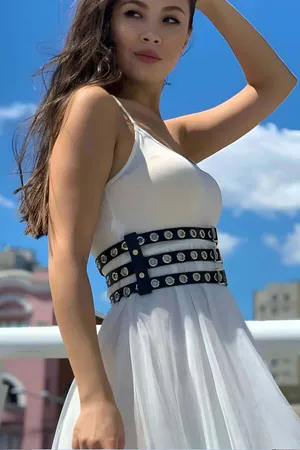 Triple Thin Strip Adjustable Stylish Leather Waist Corset Belt on Dress - APFT641