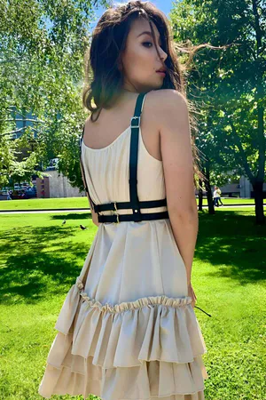 Stylish Shoulder Strap Thin Stripe Leather Belt with Chest Detail on the Dress - APFT646