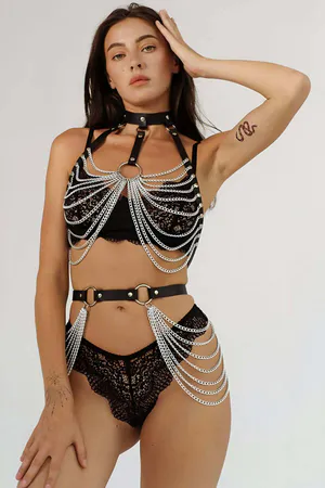 Neck and Back Tie Harness with Chain Chest and Waist Detail - APFT701