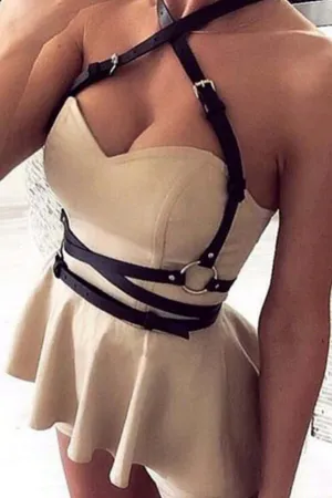 Sexy Leather Harness with Straps Over Dress - APFT757