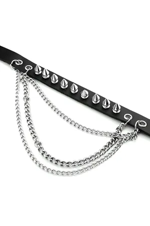 Leather Choker with Nail Detail, Spiked and Chain Collar - APFT975