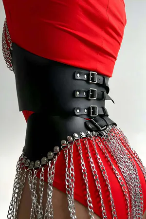 Stylish Leather Skirt and Bustier Set with Chain - APFT994