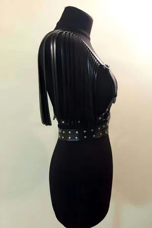 Leather Belt with Tassel Detail on Shoulders, Tasseled Leather Harness with Strap - APFT1004
