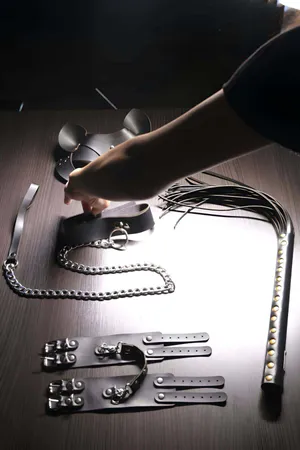 Black Fantasy Set, Whip - Handcuffs - Leash - Mask Set - APFT1246