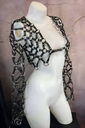 Cross Design Long Sleeve Leather Crop Tie-up Bustier Harness- APFT1076