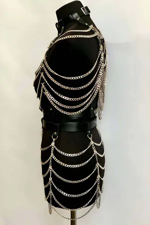 Chained Crop and Skirt Harness Top and Bottom Set, Festival Stage Clothes - APFT1006