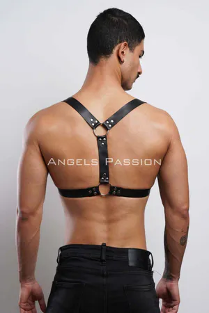 Stylish Men's Chest Harness with D Ring Detail, Men's Leather T-Shirt Accessory - APFTM92