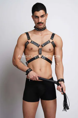 Men's Fancy Clothing, Leather Men's Harness Suit with Whip and Spiked Choker Detail - APFTM102