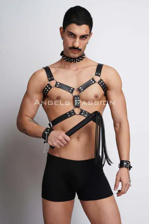 Men's Fancy Clothing, Leather Men's Harness Suit with Whip and Spiked Choker Detail - APFTM102