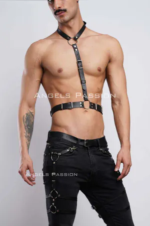 Men's Garter and Chest Harness, Leather Men's Leg Harness, Leather Chest Harness, Partywear, Clubwear - APFTM202
