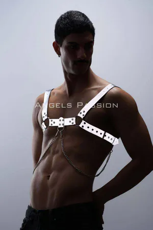 Stylish Men's Chest Harness with Reflective (Glow in the Dark) Chain Detail, Reflective Clubwear - APFTM109