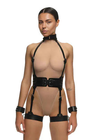 Fancy Leather Underwear, Stylish Harness Set with Neck Cuffs - APFT1338