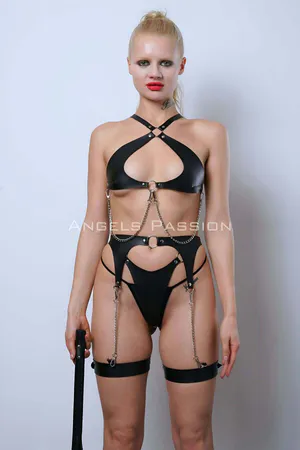 Leather Garter Harness Set, Leather Bra Set, Whip Leather Fancy Wear - APFT1363