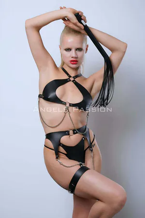 Leather Garter Harness Set, Leather Bra Set, Whip Leather Fancy Wear - APFT1363