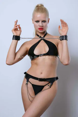Fancy Leather Underwear, Leather Handcuffs and Waist Harness Set - APFT885