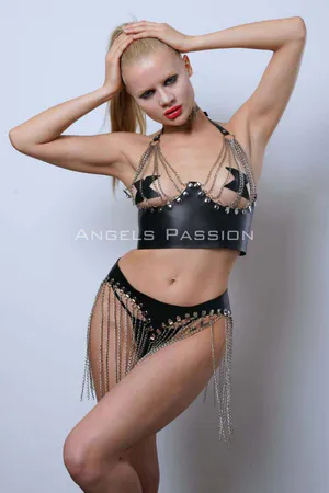 Chained Bustier Skirt Set, Stylish Leather Skirt and Bustier - APFT994