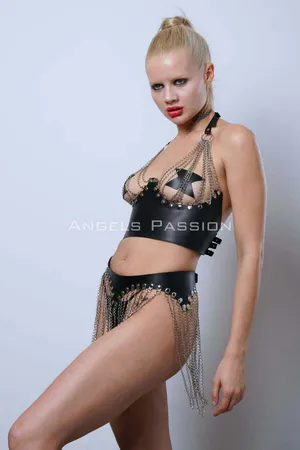 Chained Bustier Skirt Set, Stylish Leather Skirt and Bustier - APFT994