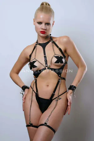Leather Body Harness Lingerie Set with Chains and Cuffs