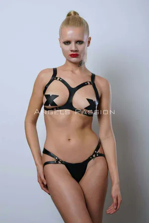 Stylish Leather Bra and Harness Set with Open Breasts, Fancy Leather Underwear - APFT1101