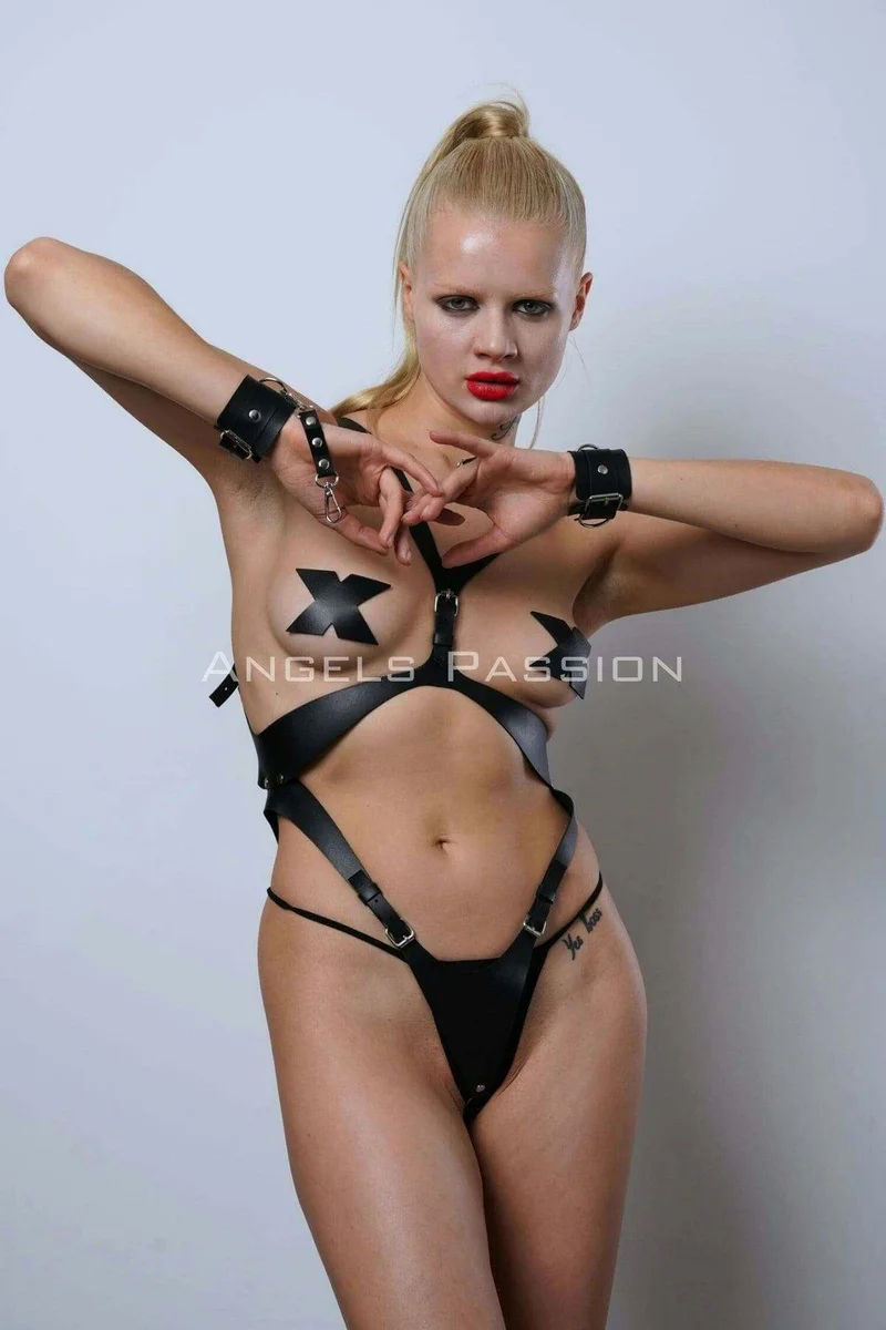 Leather Full Body Harness Set - Cuffed Adjustable Lingerie