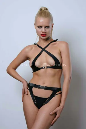 Open Crotch Leather Panties Fancy Wear, Stylish Leather Underwear Set - APFT1130