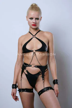 Leather Garter Set, Stylish Fancy Set with Chain Detail, Leather Underwear - APFT1219
