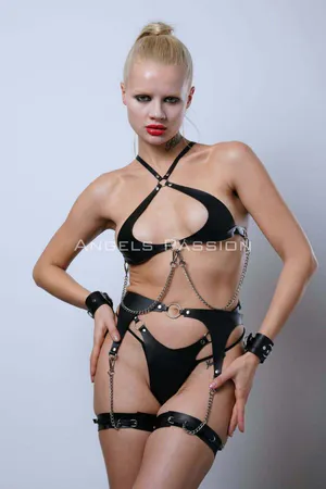 Leather Garter Set, Stylish Fancy Set with Chain Detail, Leather Underwear - APFT1219