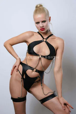 Leather Fancy Underwear Set, Stylish Leather Harness Set, Club Wear - APFT1330