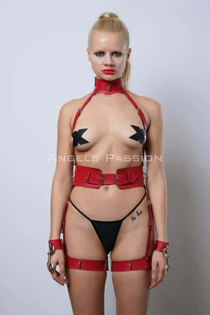 Neck Cuffed Harness Set, Leather Fantasy Underwear Set - APFT1338