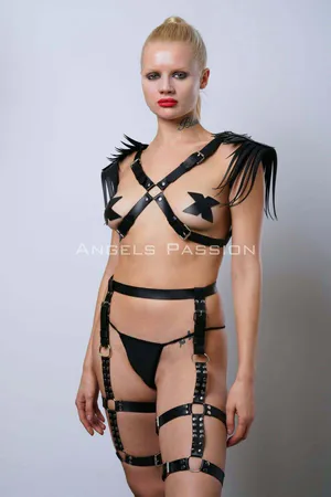 Sexy Garter Set with Tassels on the Shoulders, Whip Leather Garter Set - APFT1344