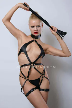 Black Whip Leather Harness, Full Body Leather Harness, Erotic Leather Underwear - APFT1348