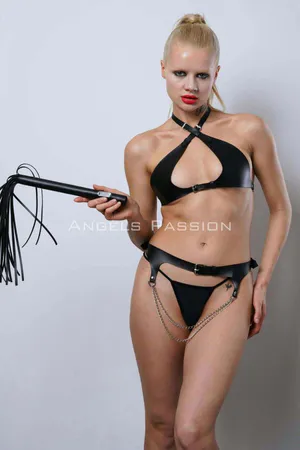 Open Crotch Leather Fantasy Bra Set, Whipped Leather Bra Set - APFT1349