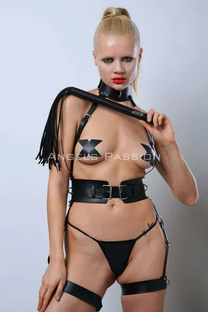 Slave Harness Set with Whips and Handcuffs, Leather Fantasy Underwear - APFT1362