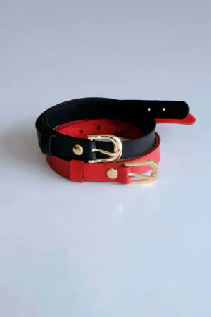 2-Piece Belt Set, Black - Red Women's Belt (Gold Accessory)
