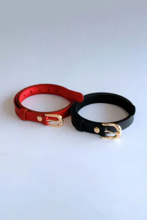 2-Piece Belt Set, Black - Red Women's Belt (Gold Accessory)