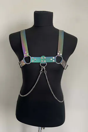Stylish Men's Chest Harness with Rainbow Reflective (Glow in the Dark) Chain Detail, Reflective Clubwear - APFTM109