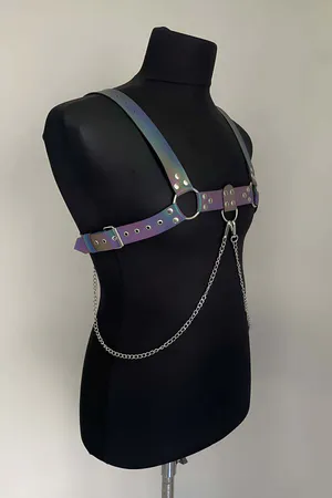 Stylish Men's Chest Harness with Rainbow Reflective (Glow in the Dark) Chain Detail, Reflective Clubwear - APFTM109