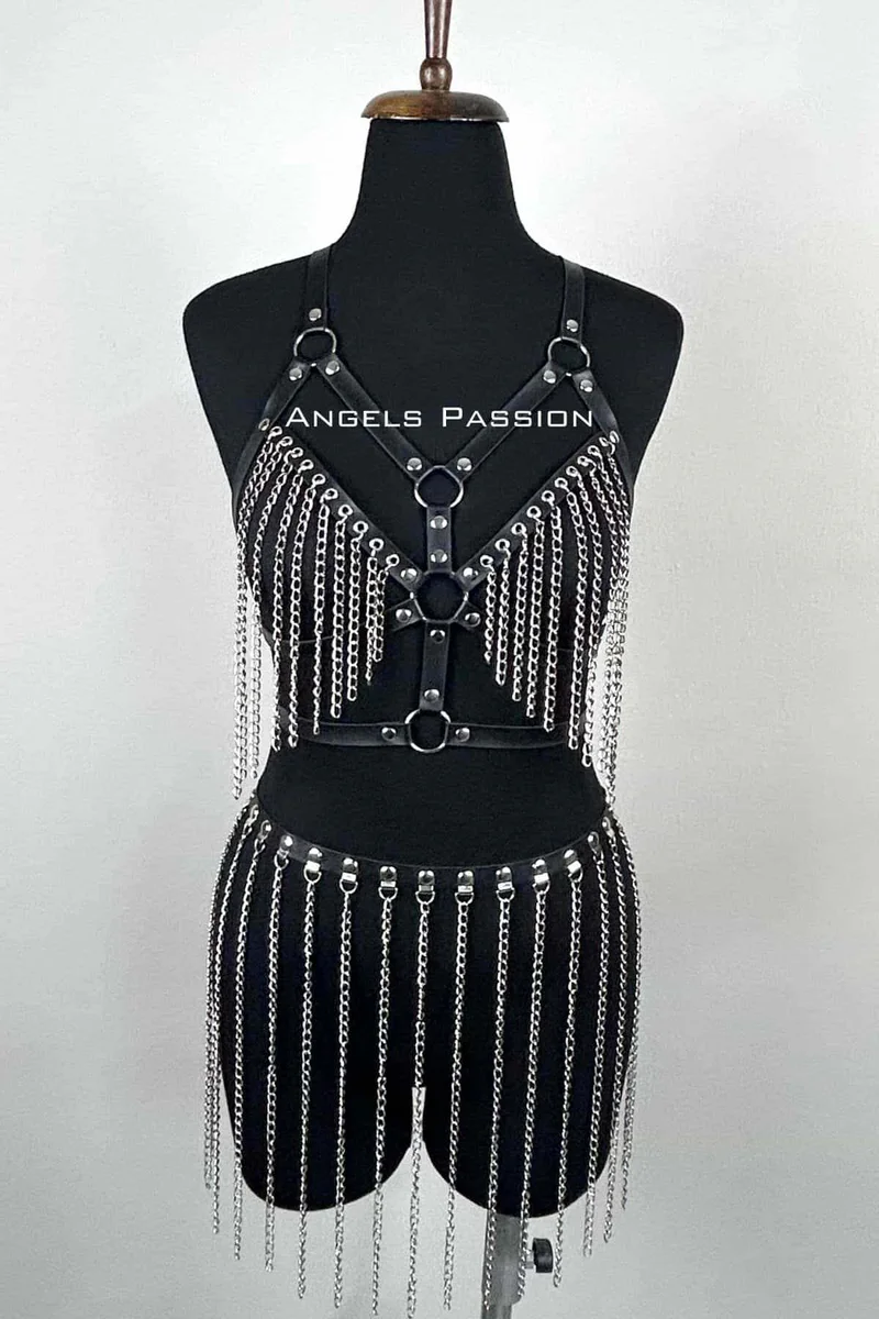 Chain Harness Suit, Leather Chain Skirt Set - APFT496