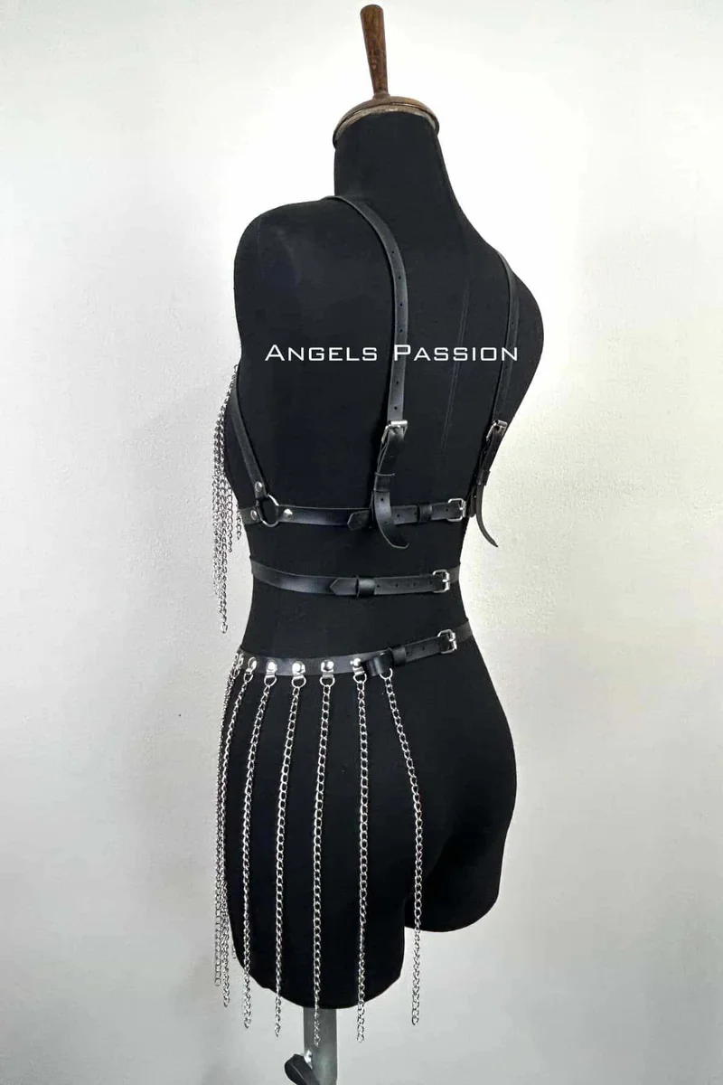 Chain Harness Suit, Leather Chain Skirt Set - APFT496