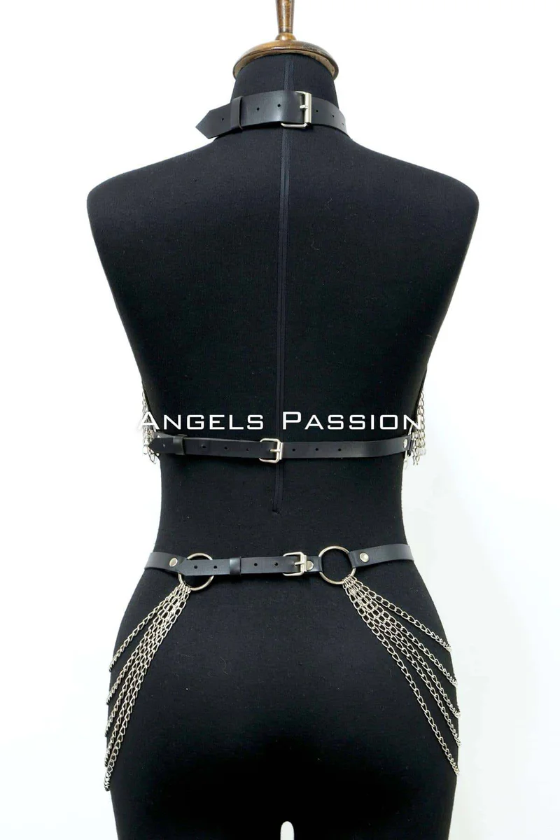 Chain Body Harness with Adjustable Leather Straps for Women
