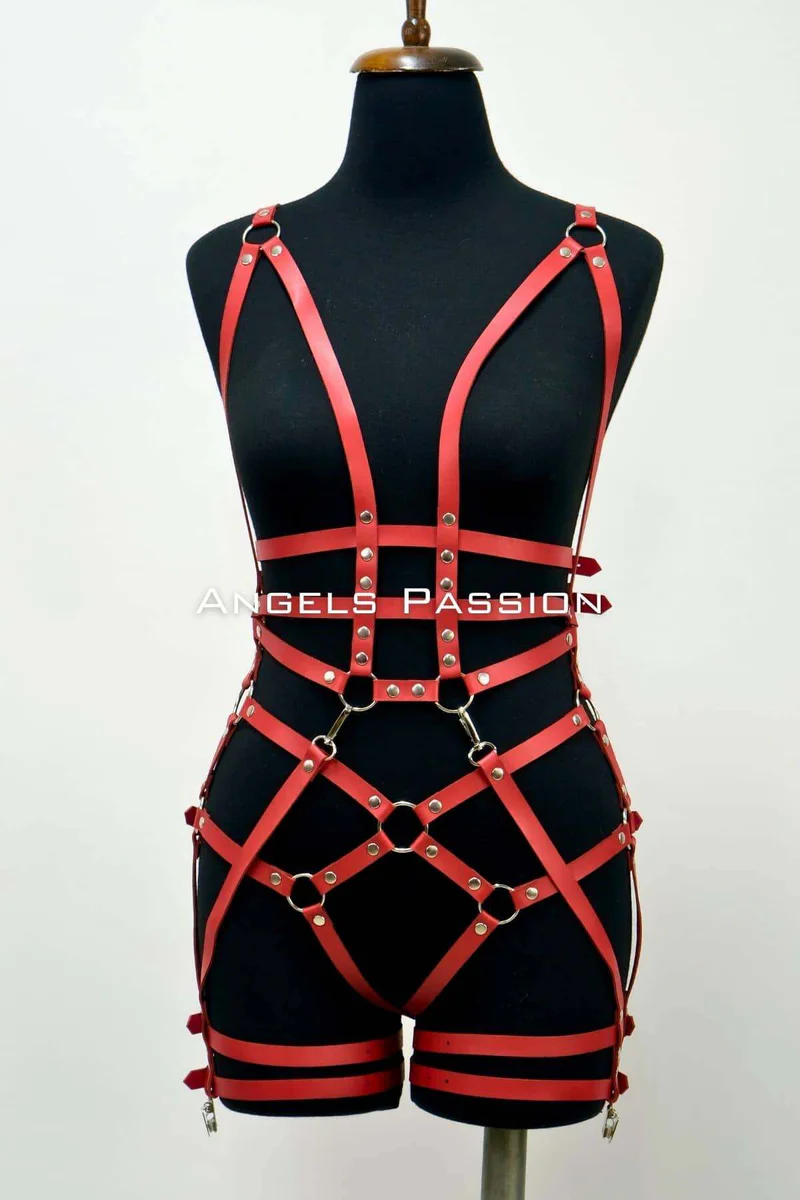 Red Faux Leather Body Harness - Adjustable Fashion Accent