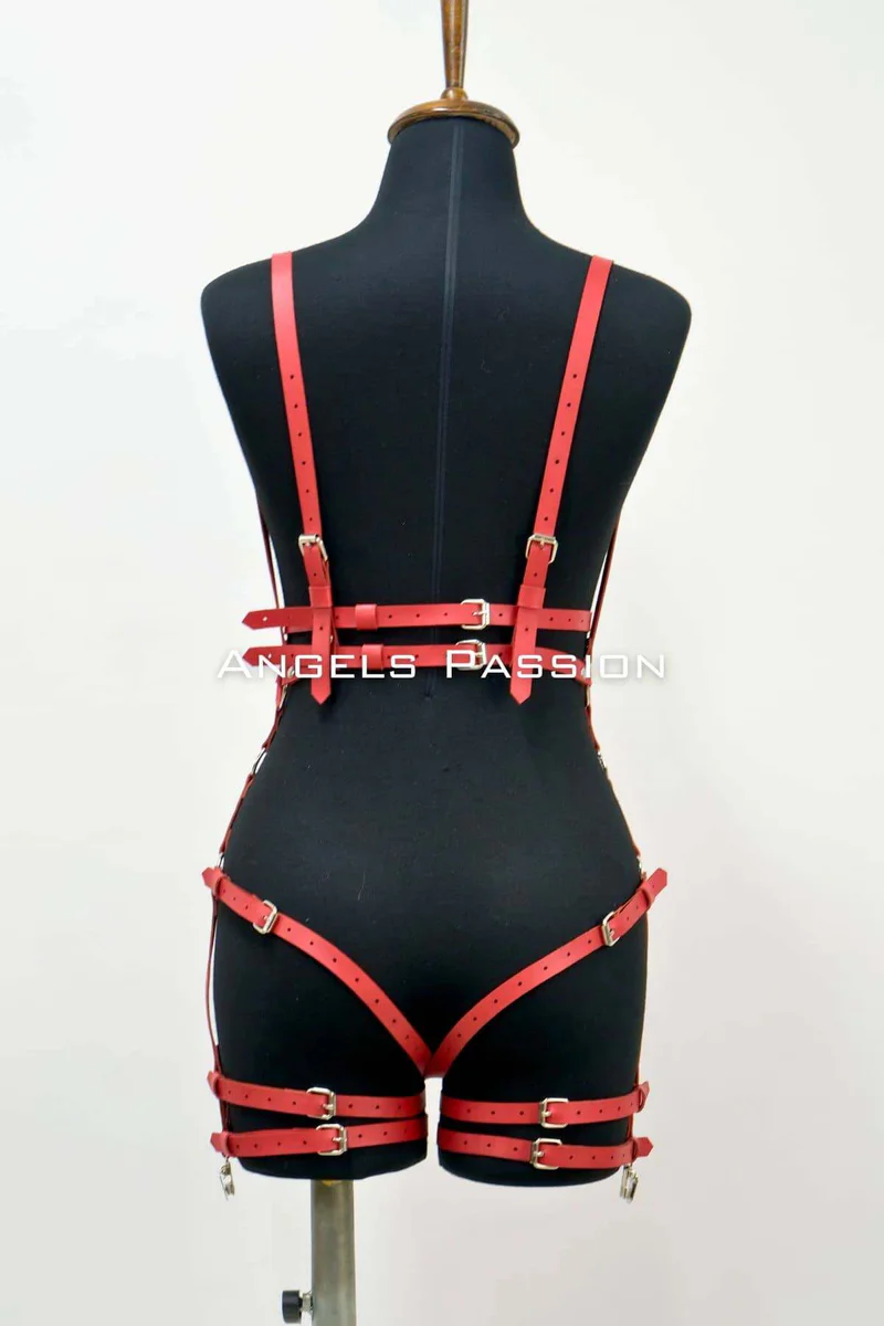 Red Faux Leather Body Harness - Adjustable Fashion Accent