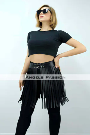 47 cm Stylish Tasseled Leather Skirt, Tasseled Skirt Over Shorts, Stylish Tasseled Mini Skirt - APFT1401