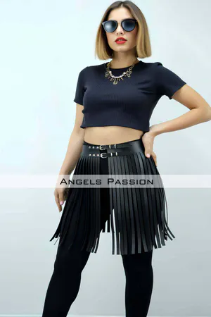 47 cm Stylish Tasseled Leather Skirt, Tasseled Skirt Over Shorts, Stylish Tasseled Mini Skirt - APFT1401