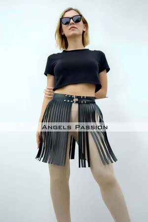 47 cm Stylish Tasseled Leather Skirt, Tasseled Skirt Over Shorts, Stylish Tasseled Mini Skirt - APFT1401