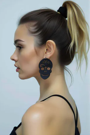 Black Skull Gothic Earrings, Stylish Laser Cut Leather Earrings - APBJ014